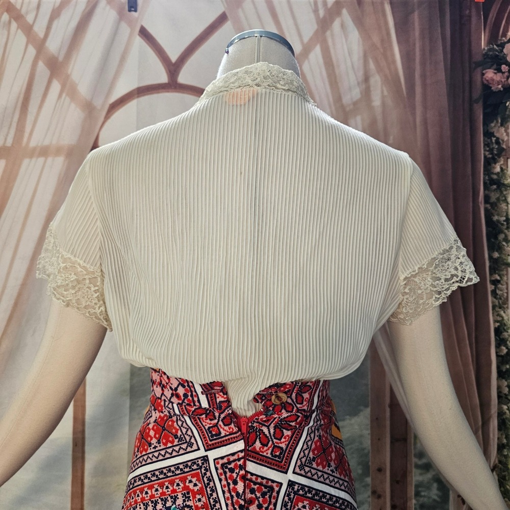 Vintage 1960's Jami Originals Ivory Lace Blouse Pearl Button Short Sleeve Top - Picture 7 of 14